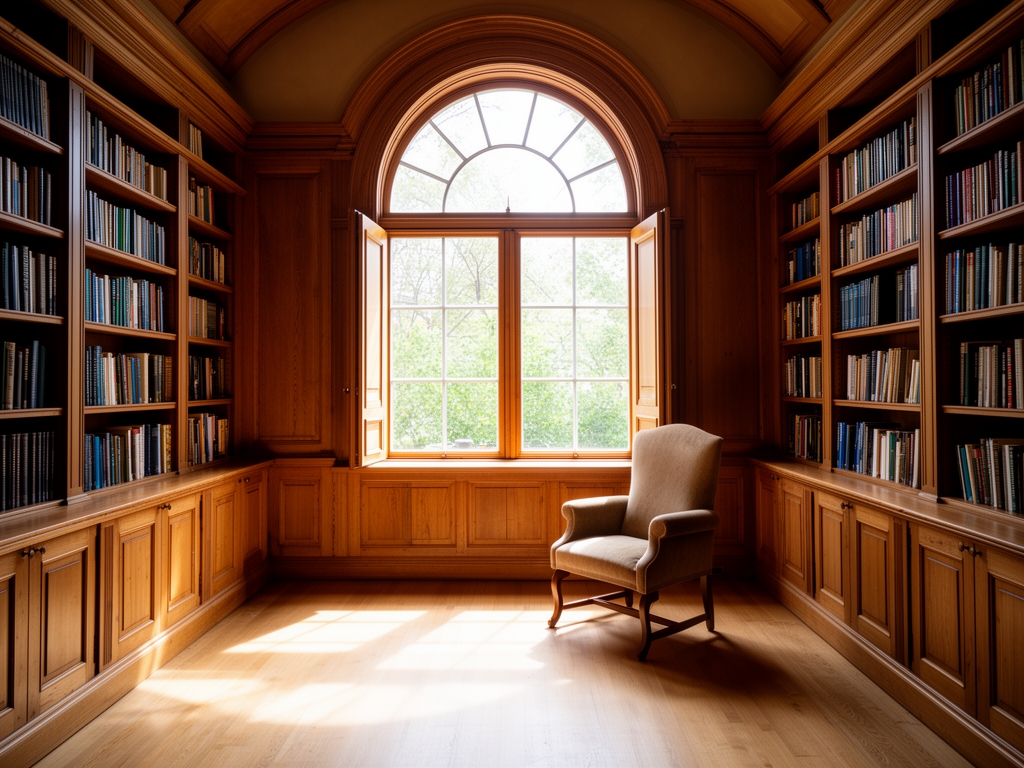 Sunlit wooden study interior with tall bookshelves, a large arched window, and a reading chair facing open natural light, conveying scholarly calm and institutional depth