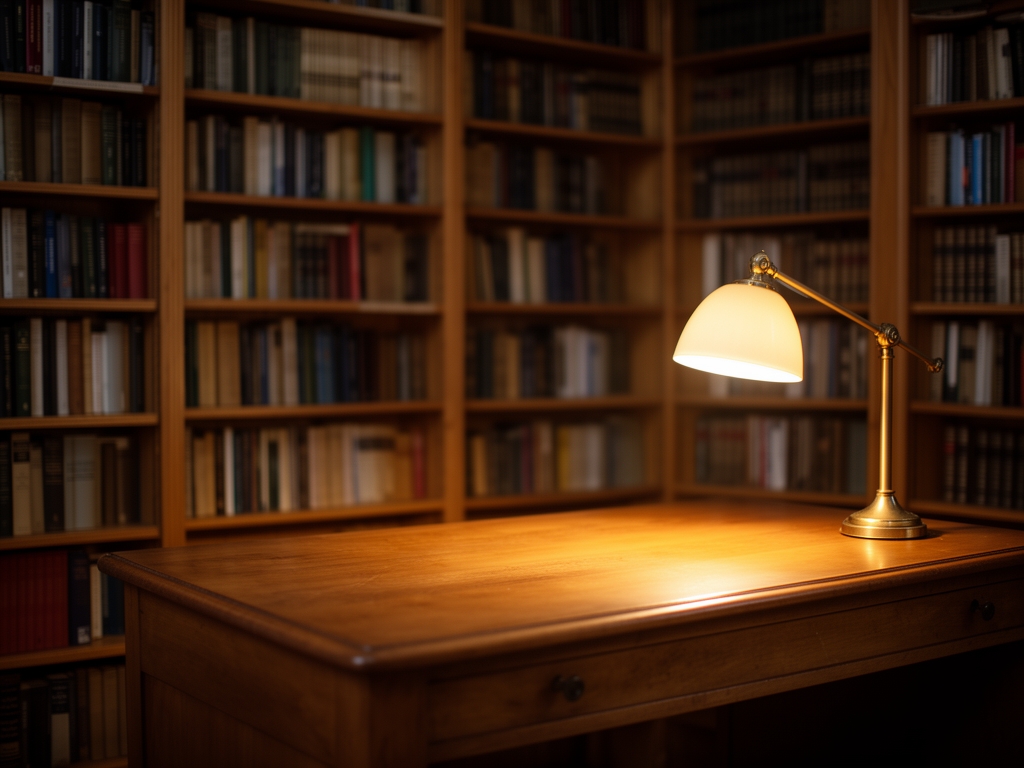 Interior of a calm, well-lit reference library with wooden shelves full of books, a warm reading lamp casting soft light across a timber writing desk