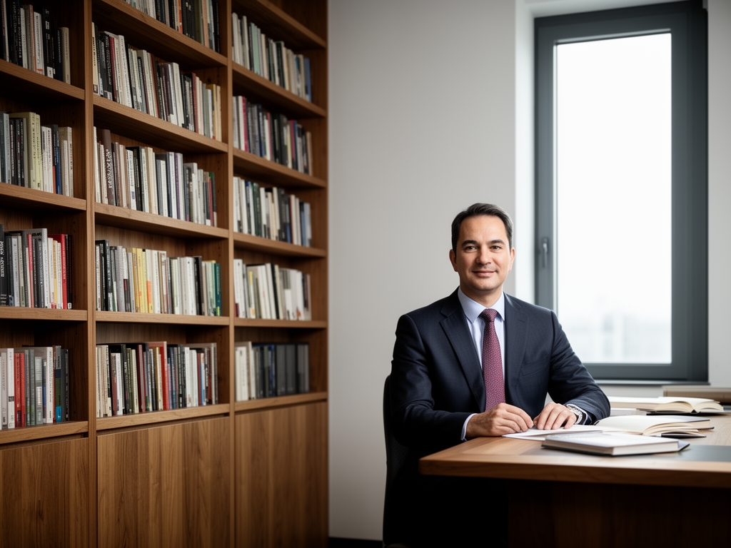 Quiet reading room interior with high wooden shelves filled with books, a writing desk by a tall window with diffuse morning light entering from outside