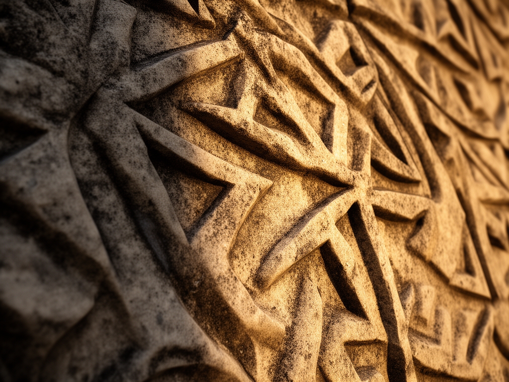Close-up of aged stone carved with abstract geometric patterns, warm natural light highlighting the texture and depth of the surface