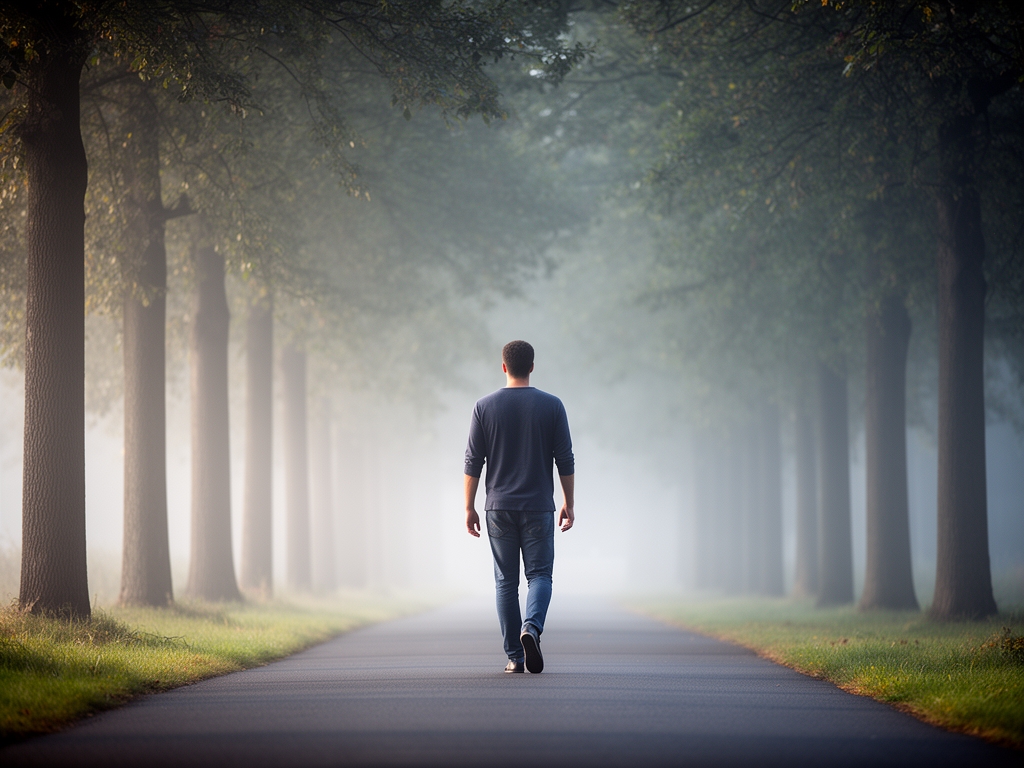 Man walking alone on a quiet tree-lined path in early morning mist, calm posture suggesting reflection and unhurried daily movement