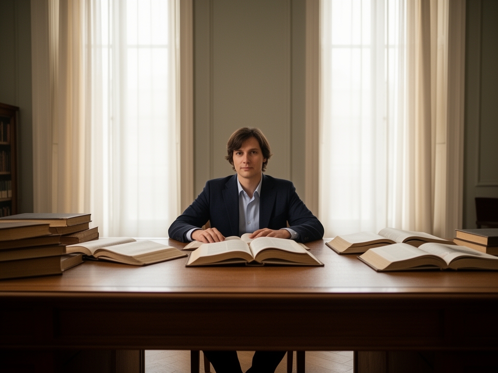 Person sitting at a wide wooden desk with open books and soft natural light through tall windows, in a calm scholarly environment