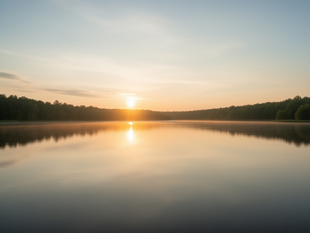 Wide open natural landscape at dawn with soft golden light reflecting across still water, conveying calm and contemplative stillness