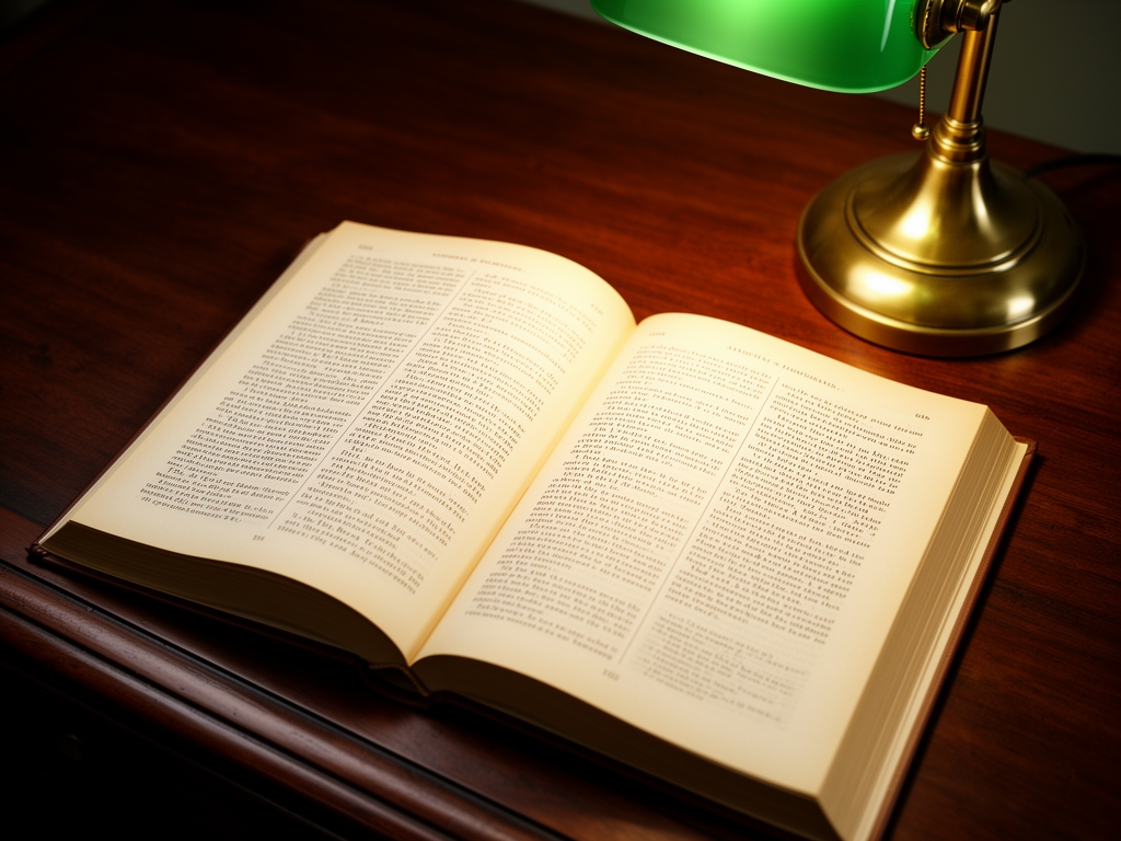 Open reference book with dense text columns on aged cream paper lying on a dark oak desk with a brass reading lamp, conveying research and structured knowledge