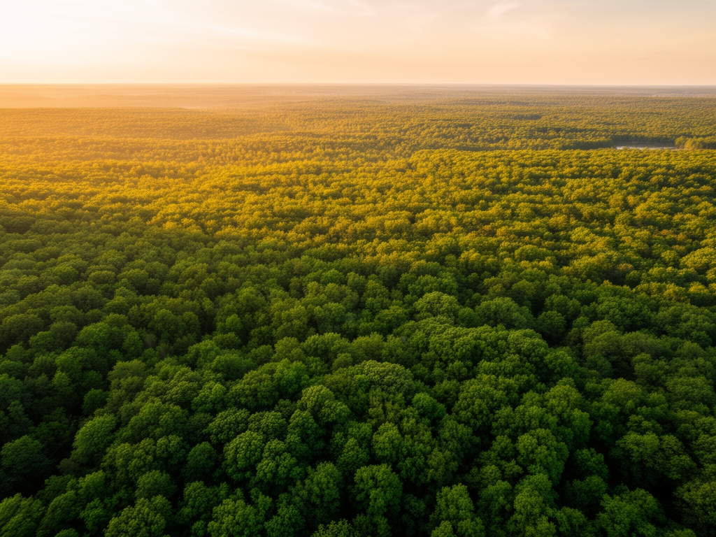 Wide aerial view of lush green forest canopy in golden hour light, conveying expansiveness, natural depth, and calm contemplative atmosphere