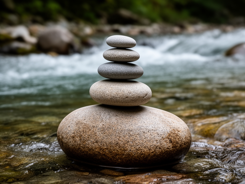 Close-up of a balanced stone stack on a smooth river rock near flowing water, symbolizing equilibrium and systemic balance in natural contexts