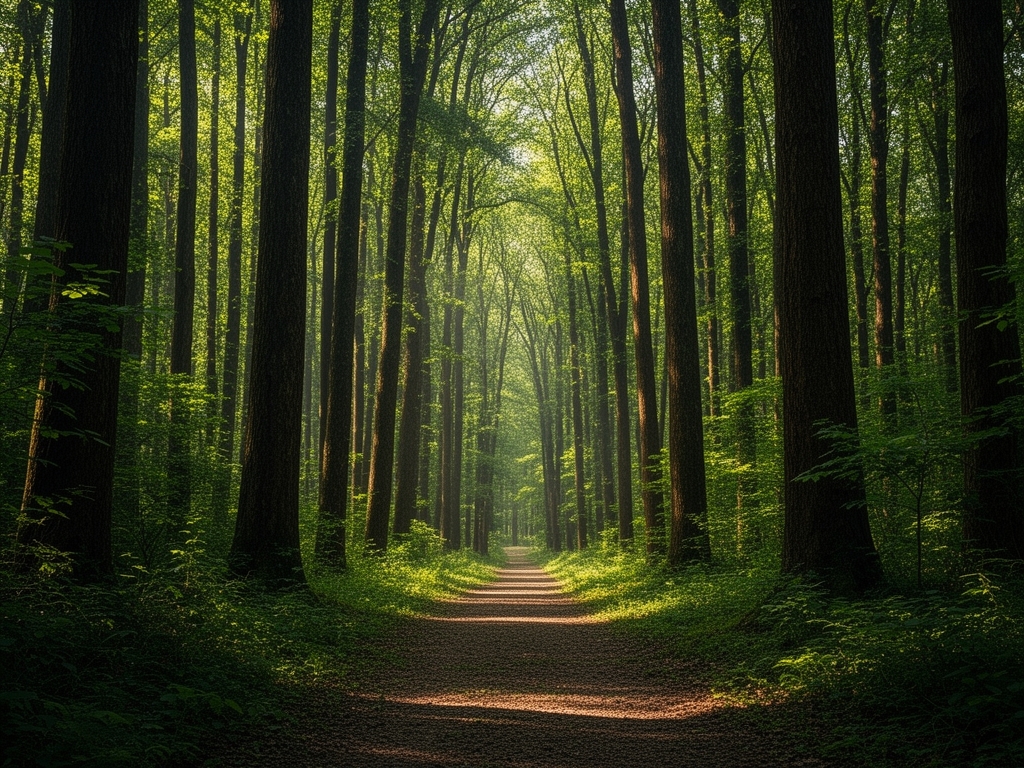 Serene forest path with dappled light filtering through tall trees, representing natural environments and their relationship to human physical states