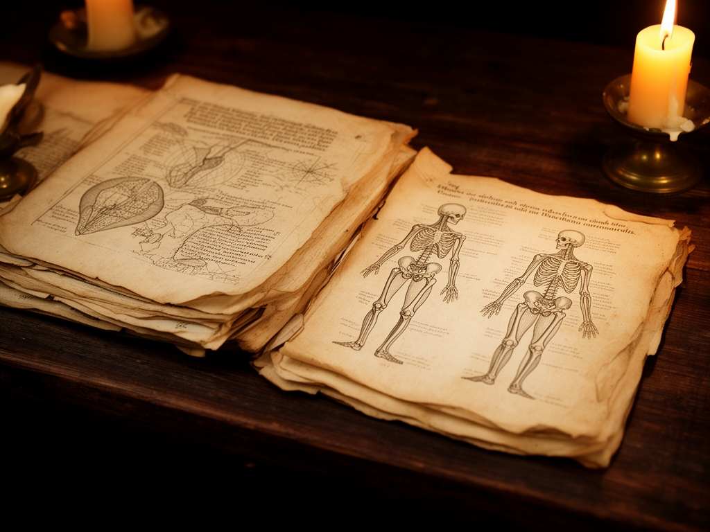 Aged parchment manuscripts and historical anatomical sketches on a dark wooden surface in warm candlelight, evoking historical approaches to health understanding