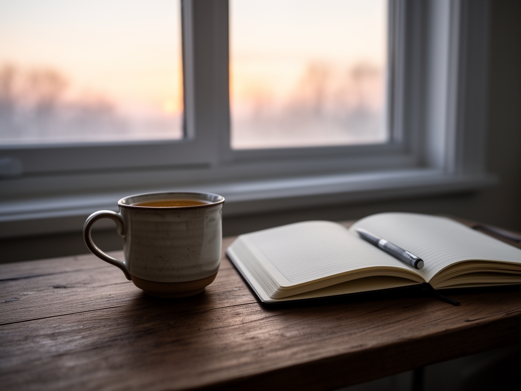 Quiet morning scene with a wooden table, a ceramic cup of tea, and a journal open beside a window showing soft dawn light, representing daily routine and rhythm